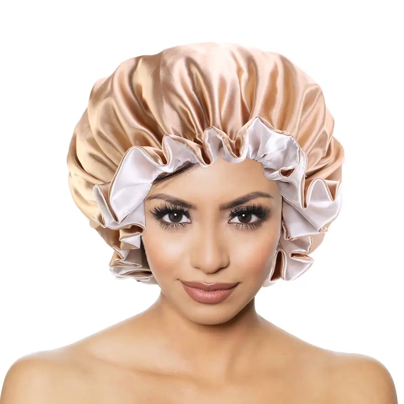 Novo grande cor lisa cetim capô sono cap dupla camada reversível designer capacetes designer para capa de cabelo das mulheres