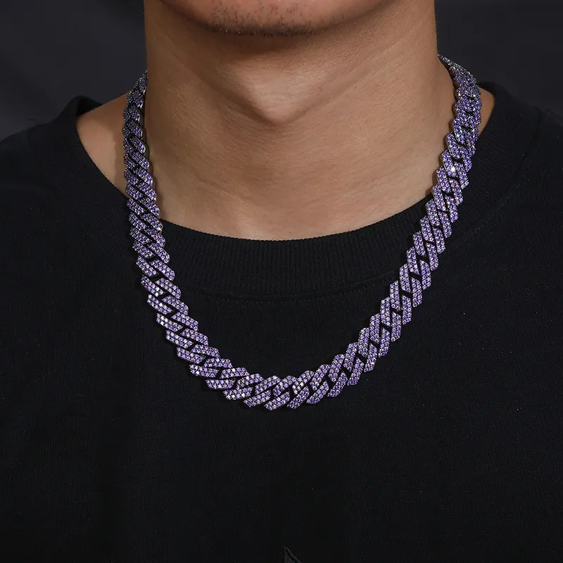 Hip Hop Jewelry 14mm Black Gold Plated Brass Metal AAAAA Purple CZ Diamond Iced Out Cuban Link Chain Necklace For Men