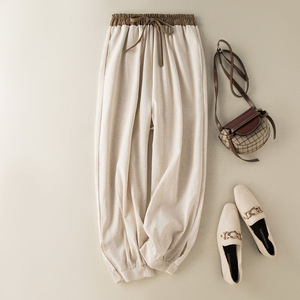 Women's Cotton Linen Harem Pants High Waist Elastic Breathable Casual Tapered Leg Cropped Green White Natural Linen - Product Image 3