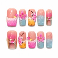 Faux ongles carrés à pression motif papillon fleur rose, couvrance totale, manucure pré-dessinée prête à poser pour salon