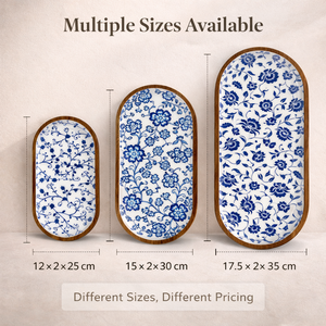 Vassoio da portata ovale in legno di acacia certificato FSC 2026, stoviglie per la casa, piatti floreali blu per caffè e dessert, nuovi accessori da <span class=keywords><strong>cucina</strong></span> - Product Image 5