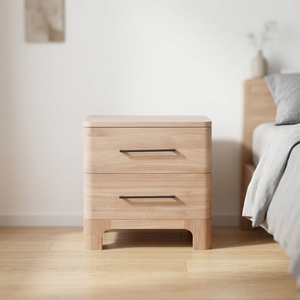 Table de chevet moderne en bois massif, 2 tiroirs, design mid-century, pour hôtel, mobilier de chambre, finition naturelle, table d'appoint de rangement - Product Image 1