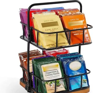 Desktop Wrought Iron Double Layer Storage Rack Tea Bag <b>Rotating</b> Organizer Wooden Base Office <b>Desk</b> Organizer Rectangle Standing - Product Image 5