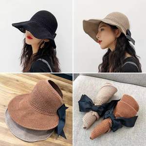 Chapeaux de <span class=keywords><strong>soleil</strong></span> pliables voyage plage Protection UV noeud papillon chapeau de paille mode dame été tricoté haut vide grand bord chapeau de paille - Product Image 2