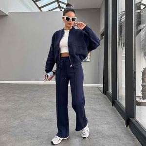Conjunto de Traje de Dos Piezas para Mujer, Informal, de Otoño, en Color Sólido, Tejido de Poliéster/Spandex, con Chaqueta con Cremallera y Pantalones Rectos - Product Image 5