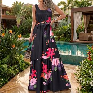 Robe longue bohème florale en mousseline translucide pour <span class=keywords><strong>femme</strong></span>, col en V sexy, bretelles élégantes, <span class=keywords><strong>grande</strong></span> <span class=keywords><strong>taille</strong></span>, idéale pour les vacances à la plage - Vente en gros 2026 - Product Image 4