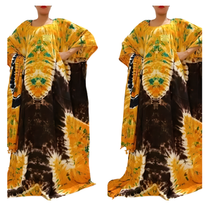 Yellow Tie Dye Maxi <b>Kaftan</b> <b>Dress</b> With Tassel Cap Sleeve Loose Fit Summer Casual Wear For <b>Women</b> - Product Image 1