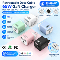 Câble de données rétractable en gros, chargeur GaN 65W double port USB A+C, charge rapide, plusieurs couleurs, prise portable pliable