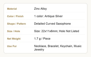 Ciondolo a forma di sassofono curvo ornamentato in lega di zinco color argento antico per braccialetti da jazz band - Product Image 3