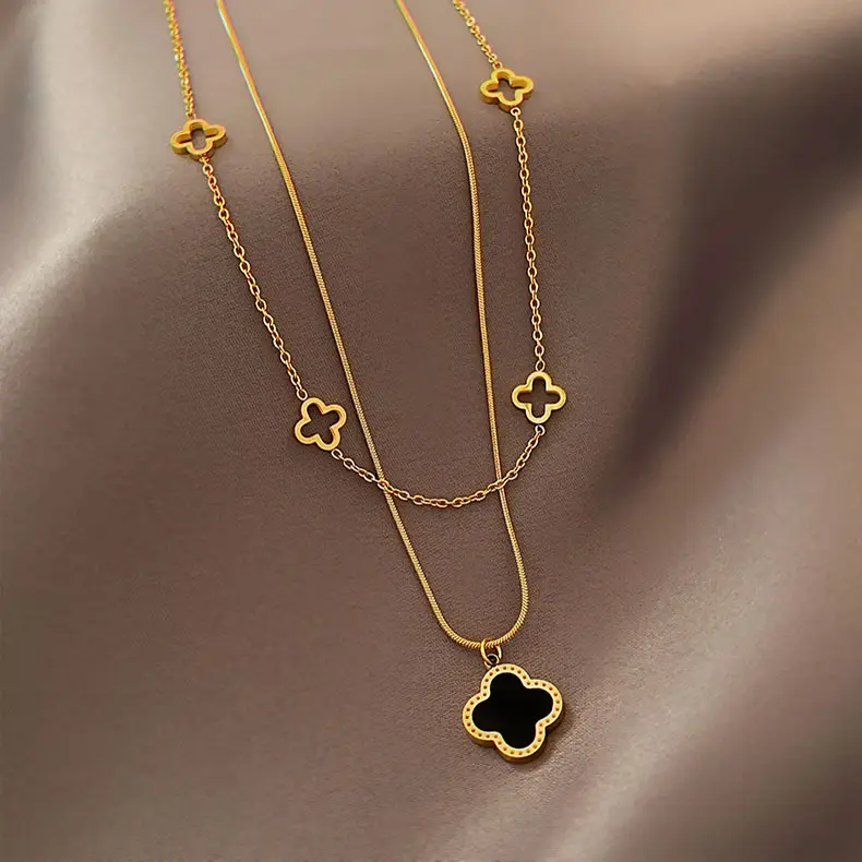 Classic Gold Plated Stainless Steel Necklace Jewelry Women Double Layer Four Leaf Clover Necklace