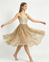 Robe de danse lyrique avec corsage orné de paillettes, bretelles croisées au dos, jupe en maille dorée scintillante, pour performance scénique contemporaine