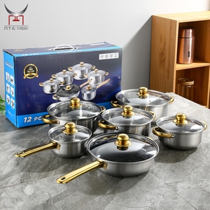 Ensemble de casseroles en acier inoxydable avec poignée dorée, 12 pièces, ustensiles de cuisine en métal, casseroles, poêles, cuisinière - Product Image 1