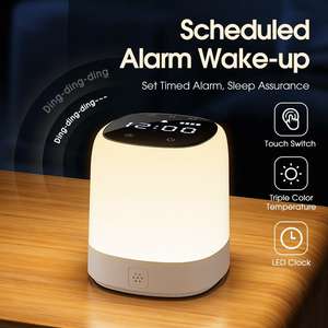 Three-color Temperature USB Chargeable 2400mA Bedside <b>Lamp</b> & LED Remote-controlled Night Light with Clock <b>Battery</b> Level Display - Product Image 5