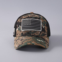 Gorra de malla con logotipo personalizado, camuflaje, bandera estadounidense, transpirable, 6 paneles, visera curva, estructura de béisbol, parche de velcro extraíble, gorra para camping