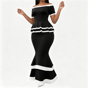 <span class=keywords><strong>Ensemble</strong></span> 2 pièces de soirée pour <span class=keywords><strong>femme</strong></span> : Haut peplum épaules dénudées et jupe sirène, color block, manches courtes, ourlet à volants étagés - Product Image 3