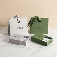 Ensemble d'emballages de bijoux sur mesure vert forêt, sac en papier texturé écologique et boîte tiroir pour fournitures de vente au détail de boutiques