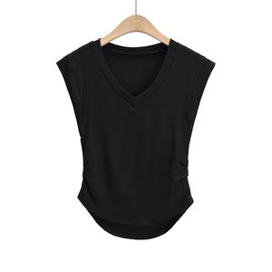 Camiseta de manga mariposa con volantes laterales y cuello en V para mujer, Top elástico de Color sólido, 2022 - Product Image 4