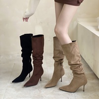 Nouvelle Collection Automne/Hiver 2026 – Bottes Slouch en Daim à Jambe Large, Bout Pointu, Talon Aiguille Long et Épais, Au-dessus du Genou pour Femme