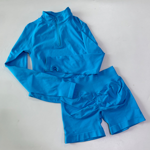 DCK-903 2pcs Long Sleeve Yoga Set <strong>Women</strong> Half Zippy Jacket Longline Sports Top Gym <strong>Shorts</strong> Fitness <strong>Suits</strong> Running Coats Workout Set - Product Image 5