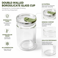 Tasse à café en verre borosilicate à double paroi de 330 ml avec couvercle en silicone pour usage au bureau, vaisselle à eau
