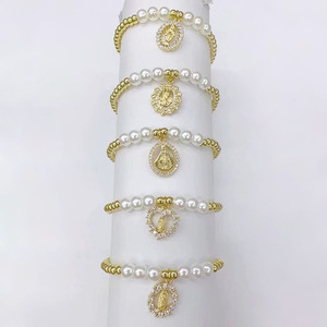 BC1493 Fashion Tiny Gold Bead <span class=keywords><strong>e</strong></span> Pearl Beaded <span class=keywords><strong>bracciale</strong></span> con CZ Virgin Mother Mary Charm, bracciali di gioielli religiosi cristiani - Product Image 5