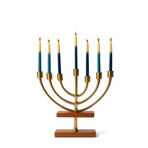 Modern Brass Menorah <b>Candle</b> Holder with Blue <b>Tapered</b> <b>Candles</b> for Hanukkah Religious Activities Decorative Home Table Display - Product Image 1