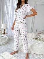 Ensemble de pyjama pour femmes à imprimé cerises, avec bordure en dentelle, haut à manches courtes boutonné et pantalon long, vêtements de nuit, vente en gros, personnalisable