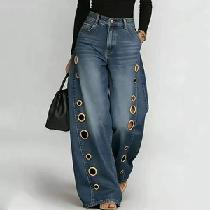 <span class=keywords><strong>Jean</strong></span> large <span class=keywords><strong>taille</strong></span> <span class=keywords><strong>haute</strong></span> pour <span class=keywords><strong>femme</strong></span> RNSHANGER en denim <span class=keywords><strong>bleu</strong></span> avec découpes à œillets dorés, coupe ample, style streetwear décontracté Y2K - Product Image 3