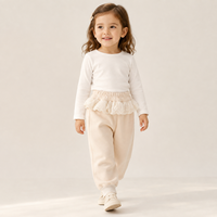 Jogging en coton doux pour filles avec taille en dentelle et revers, personnalisable OEM ODM, pantalon de survêtement pour tout-petits, vente en gros, coton super doux / molleton bouclette