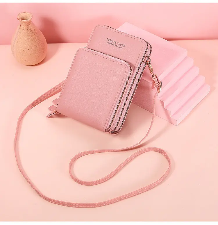 2022 large capacity three layer zipper vertical messenger shoulder clutch forever young crossbody cell phone bag for women