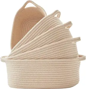 棉绳储物篮一套5个编织篮，用于整理带把手的婴儿保育狗猫玩具装饰篮