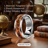 Bague martelée en tungstène 8 mm avec incrustation de bois de fût de whisky carbonisé, grès et météorite, et bande argentée pour homme, mariage et fiançailles