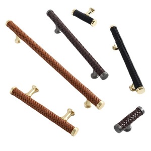 Leather Cabinet Door Handles Zinc Alloy Gold Finish Bar Shape Contemporary Design For Kitchen Wardrobe Drawer Furniture - Product Image 5