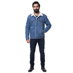 Men's Hooded Windproof Denim <b>Jacket</b> with Stand Collar and Front Logo <b>Slim</b> <b>Fit</b> Casual Vintage 2026 Fashion - Product Image 1