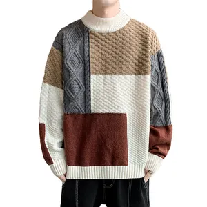 Kustom LOGO OEM & ODM pola jahitan blok rajutan longgar kasual Sweater Pullover rajutan katun Sweater untuk pria
