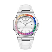 ONOLA ON3852CH Montre de couple tendance avec diamants colorés, en cuir véritable, de luxe, étanche, à quartz, pour homme, montre d'amour