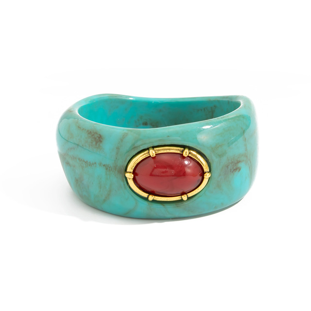 Chunky Colorful Resin Bracelets for Women Vintage Gold Framed Oval Red Wide Acrylic Bangles Marble Texture Retro Cuff Jewelry