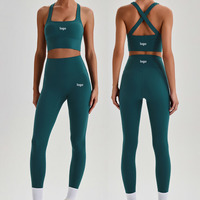 Set Pakaian Yoga 2 Potong Wanita Logo Kustom Pakaian Olahraga Set Legging Celana Yoga