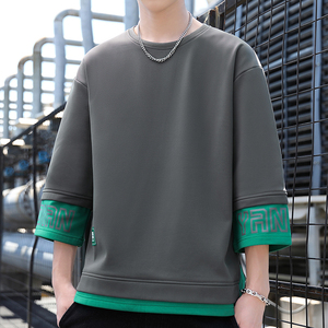 Long-sleeved T-shirt ruffian wind-blown street jacket Spring and Autumn round <b>neck</b> men Korean fashion round <b>neck</b> cropped sleeves - Product Image 3