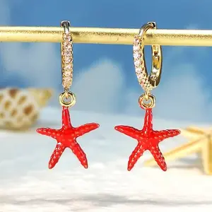 2024 Newest Chunky Red Cute Beach Summer Starfish Coral Hoop Huggie Earrings