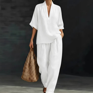 Dropshipping Shopify Plus Size Womens V Neck Short Sleeve Wide Leg Pants Casual Two <b>Piece</b> Tracksuit <b>Set</b> Summer - Product Image 2