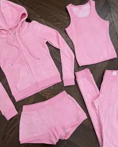 Luluxixiyaya 300gsm kadın pembe yumuşak kadife kumaş 4 adet setleri yelek şort zip kazak hoodie pantolon joggers