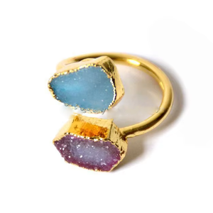 Anelli Druzy da donna gioielli bohémien in agata naturale brillante druusy doppio 2 pietre placcato oro grezza gemma pietra - Product Image 2
