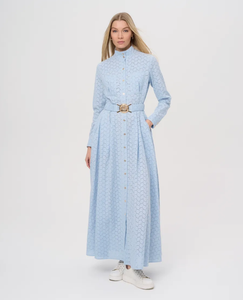 Vendita calda abito da donna in pizzo blu chiaro <span class=keywords><strong>Maxi</strong></span> abito con <span class=keywords><strong>colletto</strong></span> a bottone e <span class=keywords><strong>camicia</strong></span> con cintura in vita elegante abito lungo Casual con dettagli ritagliati - Product Image 3