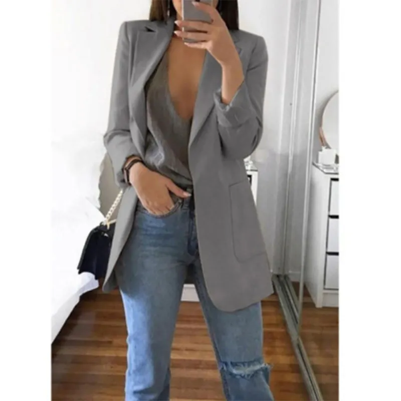 Casual Women Black Coats, Spring 2022 Fashion Streetwear Pockets Jacket Long Sleeve Ladies White Office Work Suits/