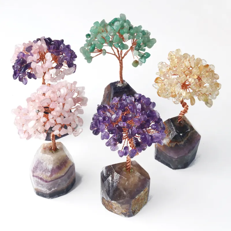 Venta al por mayor natural fengshui cuarzo piedra preciosa cuarzo rosa citrino amatista verde Aventurina cristal dinero árbol para regalo