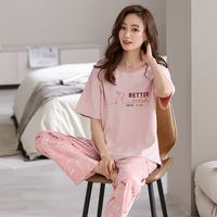 Ensemble de pyjama en coton pour femmes, t-shirt d'été à manches courtes, pantalon long, vêtements de maison, deux pièces, décontracté, doux, respirant, taille élastique