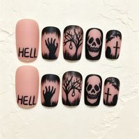 Offre Spéciale Halloween : Faux Ongles à Presser 24 Pièces, Motif Citrouille et Diable, Style Sombre, en ABS, Vente en Gros