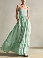 Robe longue tissée rayée pour femme, col carré, volants étagés, avec poches, taille haute, en lin, décontractée, pour l'été et la plage