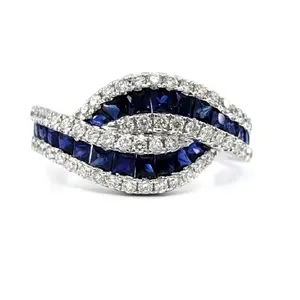 Trendy Statement Gemstone Fine Jewellery 18k White Gold Natural Diamond Princess Cut Blue Sapphire Rings Band For Mother